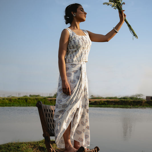 block printed dhoti skirt and top set